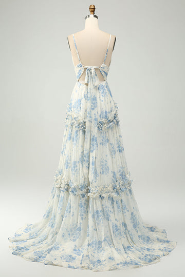 White Blue Flower A Line Tulle Maxi Dress with Ruffles